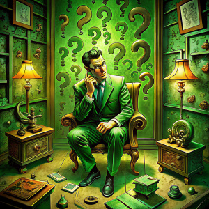 the riddler sitting in a room full of question marks doing a phone call