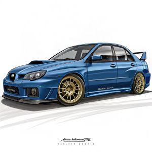 Digital artwork showcasing a blue Subaru Impreza WRX STI with gold rims. Created by Manura Wayantha.