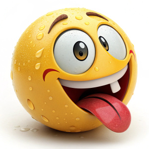 A cheerful yellow face emoji with an exaggerated big eye and tongue sticking out, creating a funny expression
