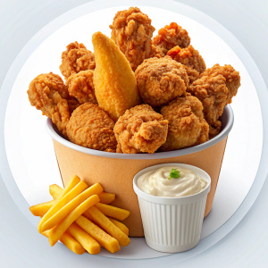 a fried chicken menu with combo pictures in it, pure white background photography, medium close up shot, 8k,hyper quality
