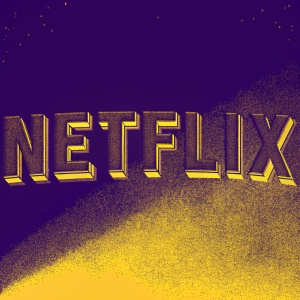 Netflix logo, bold font, dynamic gradient background. Purple to orange tones.