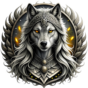 Nordic Godness Ylva She-Wolf - perfect realistic art, high-definition grey and black, white background tattoo design