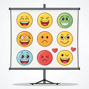 Cartoonish emoticons from Twitch chat, displayed on an empty white screen. Each emoticon conveys different emotions and sentiments.