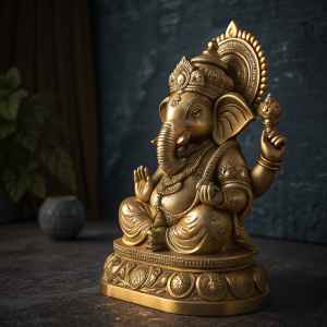 Golden sculpture of Lord Ganesha. Intricate details, rich golden hue. Dark, textured background. Light casting shadows on the sculpture.
