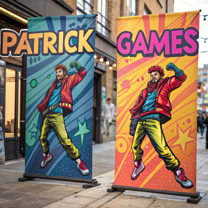 Promotional banners for Patrick from Fortnite. Bright colors and dynamic poses. 'Patrick Games' prominently displayed. Street art style