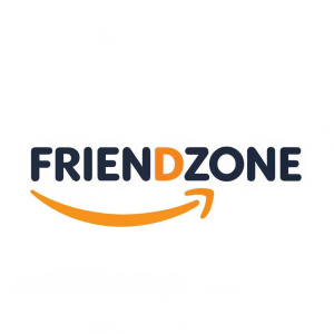 Creative reimagining of Amazon's logo. Curved orange line and modern font spelling 'Friendzone'. Simple, flat design on white background.