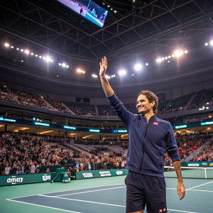 Roger Federer, waving to fans. Stadium filled with cheering spectators. Indoor tennis arena with bright lighting