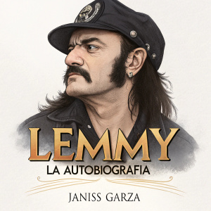 Close-up illustration of Lemmy with his iconic mustache. Cover of his autobiography 'Lemmy: La autobiografía' by Janiss Garza.
