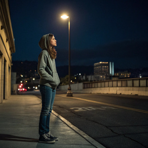 Hailee Steinfeld, standing alone on an empty urban street at night. Wearing casual clothes, hoodie and jeans. Dark sky, single street lamp casting shadows