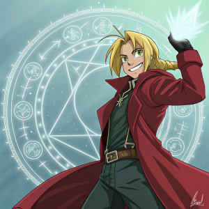 Edward Elric, the Fullmetal Alchemist, in a digital artwork. Blonde hair, red coat with green undershirt. Smirking confidently. Dynamic pose surrounded by alchemical symbols and glowing aura.