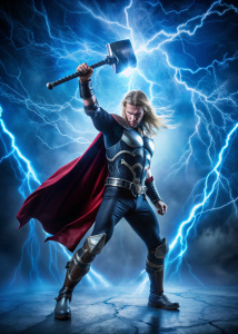 thor  cuerpo entero  martillando el suelo  el  guerrero  del martillo   fondo azul con rayos 