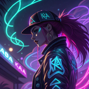 Anotherworldly image of Akali from K/DA, the League of Legends virtual band. Surrounded by neon lights and abstract shapes, creating a futuristic and vibrant atmosphere.