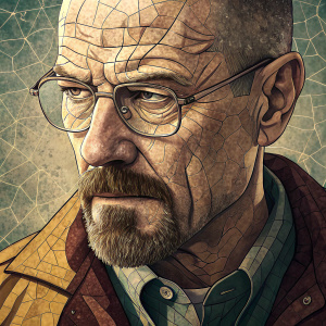 Digital illustration of Walter White from Breaking Bad. Fragmented mosaic appearance highlighting facial details. Intense expression with glasses and mustache.