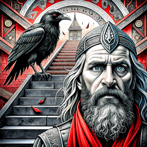 viking and raven in walhalla stairs runen symbols pattern - perfect realistic art, high-definition, high-definition grey and black, white background 