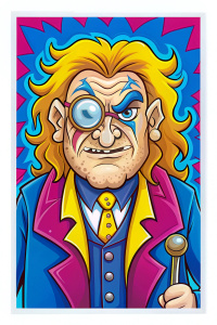 изображение смешной Аластор Грюм:

Ключевые слова: редкий волос на голове, магический глаз (различного цвета и размера, вращающийся в глазнице), многочисленные шрамы на лице, серьёзный и суровый взгляд, грубые черты лица, мощное телосложение, аврорская мантия, костяная нога (протез), хриплый голос.
Абстрактный фон: Тёмные и металлические текстуры с вкраплениями красных и серебристых во весь рост, стиль тима бёртона, детские каракули, рисунок фломастерами, каляка-маляка, pixar, красочный фон