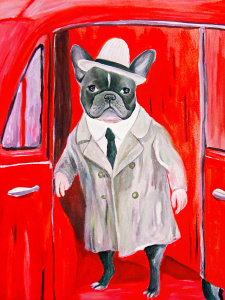 personification,black french bulldog in grey trench and a hat, noir detective style, black and white comes out of a car 