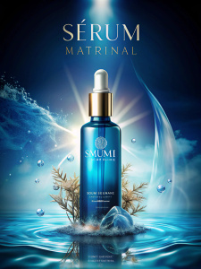 Elegant advertising banner with a cosmetic blue bottle of serum on a gradient background, Ingredients marine naturalness, freshness. Photo in the style of realistic photography, with lighting effects and glow effect 
