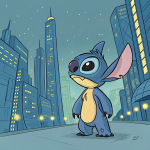Stitch from Lilo & Stitch. Line-art illustration. Cartoonish style, colored with blue and yellow. Standing in a futuristic cityscape