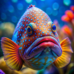 Close-up view of a Neptune Grouper fish in a colorful full body aquarium with small bubbles, taken with a 100mm f/2.8 macro lens.