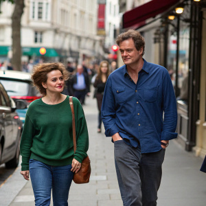 Helena Bonham Carter and Colin Firth walking down a bustling city street. They are dressed casually, Helena in a green sweater, Colin in a blue button-down shirt.
