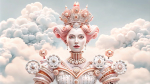 quiero que hagas una reina tomando como referente la reina roja de Alicia en el pais de las maravillas. Este personaje es una reina porque tiene una corona con millones de relojes quiero que la caracterices como un personaje sin estereotipos 