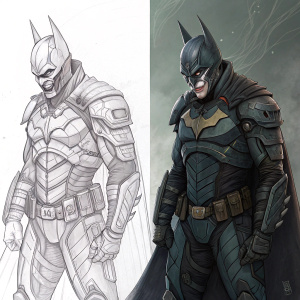 Digital concept art of Batman's Joker, split design showing rough sketch and polished, detailed illustration. The Joker is depicted in a futuristic, armored attire.