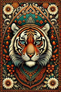 I want a carpet design with a tiger in the middle. Let the tiger be seen from above and have flowers and leaves around it. Let the first spring colors be used