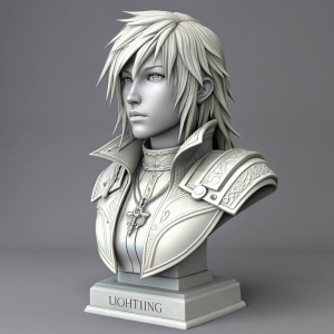 3D rendering of Lightning from Final Fantasy XIII. White bust figure. Detailed costume and hairstyle. Labeled base on a gray background.