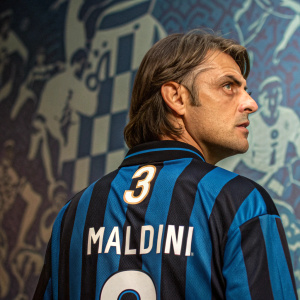 Paulo Maldini, intense gaze, wearing blue and black stripes jersey with number '3' and name 'Maldini'. Against busy, abstract wallpaper.