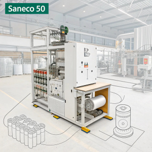 Illustration of the SANECO 50 machine, a revolutionary sanitary napkin recycling prototype. Detailed 3D render and intricate line drawing in a workshop setting. Information about the design and project phases are included along with a 'Thankyou!' message at the bottom of the image.