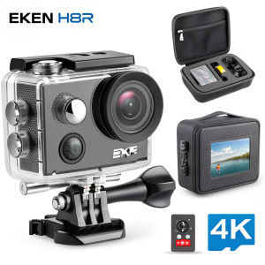 Eken H8R action camera showcase. Multiple angles highlighting durable design, wide-angle lens, and waterproof features. Accessories like mounts and protective cases displayed alongside main product. Digital specs and 4K logo visible