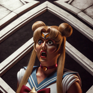 Character from Sailor Moon with shocked expression, long blonde hair styled in two high buns, in intricate blue, white, and red costume, against a black backdrop with white geometric shapes