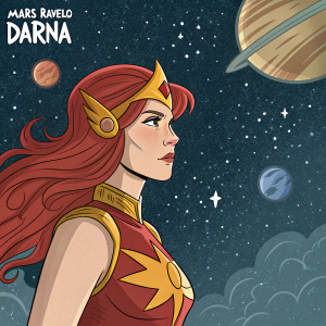 Digital artwork featuring Darna, superhero with fiery red hair and determined look. Background is celestial, filled with stars and planets. Mars Ravelo's Darna logo