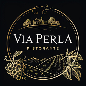 Sophisticated logo for Via Perla Ristorante. Boulder, Colorado. Features black and gold hues, elegant design.