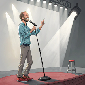 Nick Vujicic speaking at TED Talks. Bright lights, simple stage setup.
