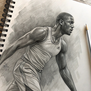 Realistic pencil drawing of a male athlete in a dynamic pose. Defined muscles, textured sketch pad background.