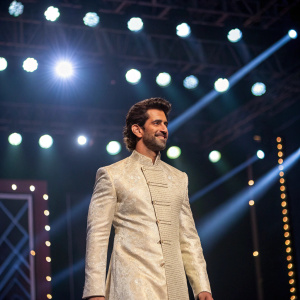 Hrithik Roshan at a glitzy Bollywood award show. Wearing a traditional sherwani, standing on stage with floodlights shining down