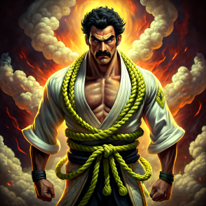 a poker player martial artist with black hair and mustache, dressed with white shirt and pants and a braided yellow and green rope at his waist