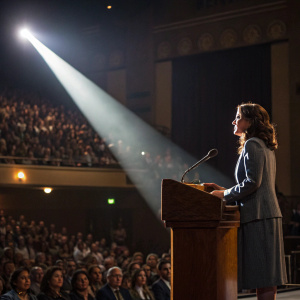 Angela Aguilera addressing a packed auditorium. Spotlight illuminates her at the podium.