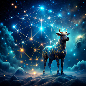 stier
 Zodiac Constellation, set in the vast and majestic universe, radiating with a shimmering and ethereal glow, positioned among a sea of stars in the cosmic expanse. Illuminated by celestial radiance and cosmic rays, created by a master of cosmic artistry in a surreal and otherworldly style, using digital painting as the medium for an astrological illustration. The color scheme features deep indigo and gold, with high-definition digital rendering to capture museum-quality detail and pre