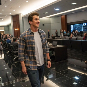 Miles Teller, sporting a casual outfit of plaid shirt and collared t-shirt, standing amidst a bustling conference hall. The room features sleek modern design with polished floors. He's in high spirits, posing for a candid shot.