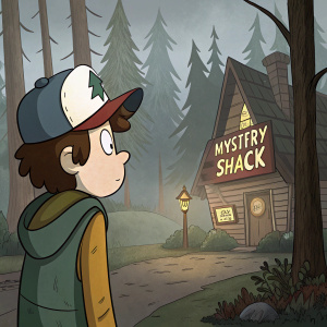 Dipper Pines, dressed in a green vest and pointy hat, standing in the mystical forest of Gravity Falls. Gazing at the glowing Grunkle Stan's Mystery Shack sign in the distance.