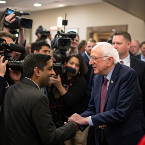 Ro Khanna and Bernie Sanders in a dynamic handshake. Crowded Capitol Hill press room with reporters and flashing cameras