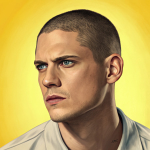 Michael J. Scofield, from Prison Break, digital illustration. Bright yellow background, detailed face, serious expression.