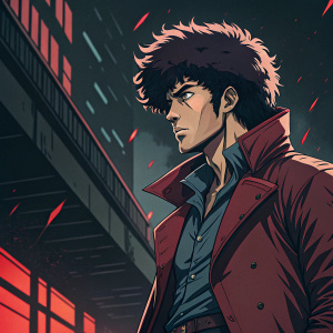 A striking digital art piece featuring Spike Spiegel from Cowboy Bebop. Dark and moody atmosphere. Red accents and gritty illustration style.