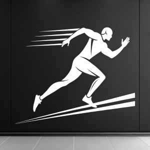 A sleek, white athletic figure emblem on a stark black backdrop. Modern, minimalistic sports brand logo design