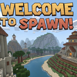 Captured scene from Minecraft featuring a 'Welcome to Spawn!' message. The landscape includes intricate pixelated structures, a flowing river, and towering mountains. The sky is clear with scattered clouds. The color scheme is a muted palette of earth tones.