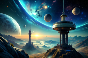 "Picture a space elevator connecting a distant planet's surface to a massive orbital station, revolutionizing space transportation."