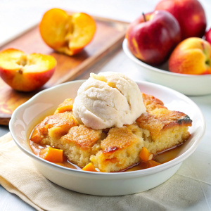Peach cobbler on white background

