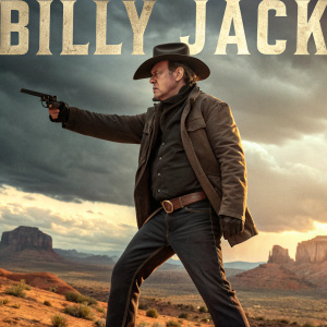 Movie poster for 'Billy Jack'. Featuring Tom Laughlin in a dramatic western scene. Gunfighter stance, rugged landscape background.